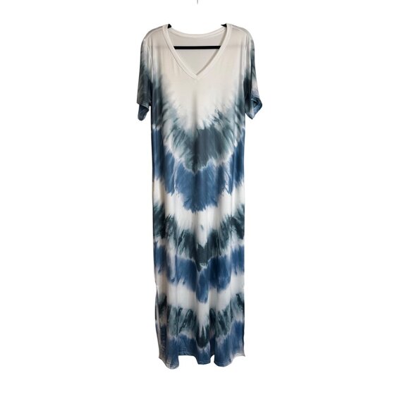 Boho M Tie-Dye Blue Beach Swim Coverup Maxi Dress V-Neck Short Sleeve Blue/White - Picture 1 of 10